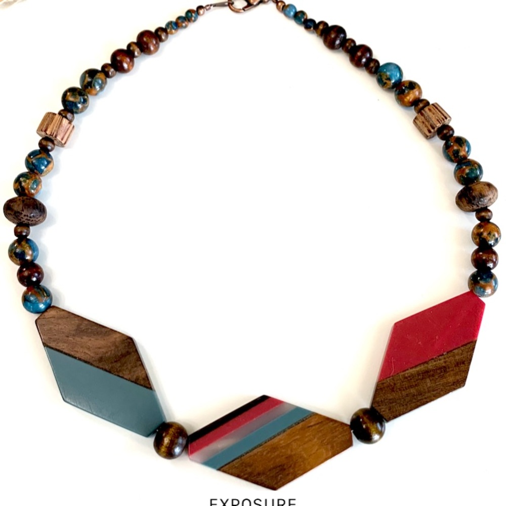 Geometric Wood & Boulder Agate Necklace